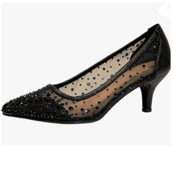 XYD Black Pointed Toe Slip On Mesh Pumps Rhinestone Studs Comfy Kitten Heel Shoe - Picture 1 of 8